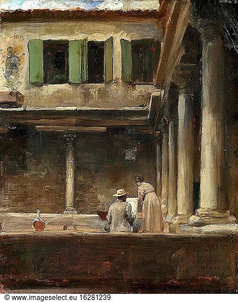 Leighton Frederic - an Artist Sketching in the Cloister of San Gregorio Venice - British School - 19th Century.