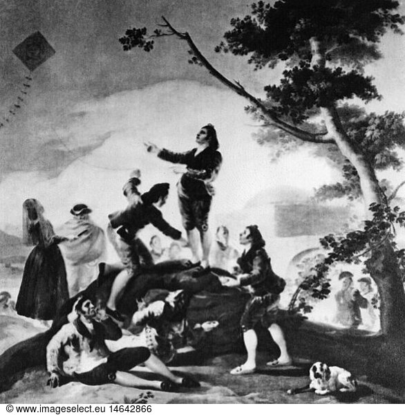 leisure  kiteflying  group letting kite fly  after painting 'La Cometa'  by Francisco de Goya y Lucientes (1746 - 1828)  1778