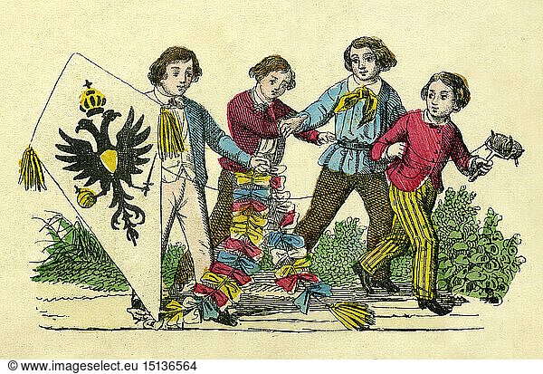 leisure time  kiteflying  children with kite  Germany  circa 1855