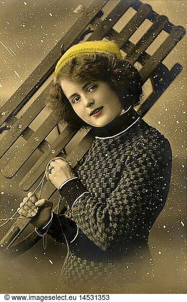 leisure time  winter sports  girl with sledge  picture postcard  Germany  circa 1909