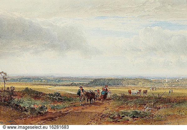 Leitch William Leighton - Figuren und Vieh auf einem Weg - Britische Schule - 19. Jahrhundert.