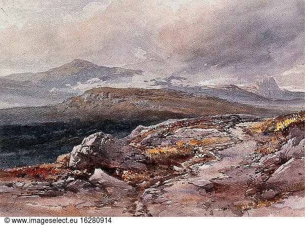Leitch William Leighton - Mountains Hills and a Track in the Foreground - Britische Schule - 19. Jahrhundert.