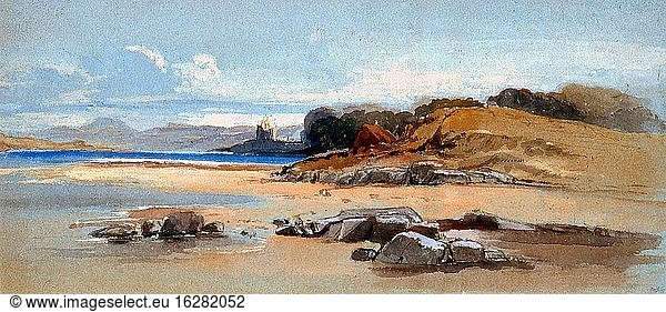Leitch William Leighton - Study on a Shore with a Distant Ruin - Britische Schule - 19. Jahrhundert.