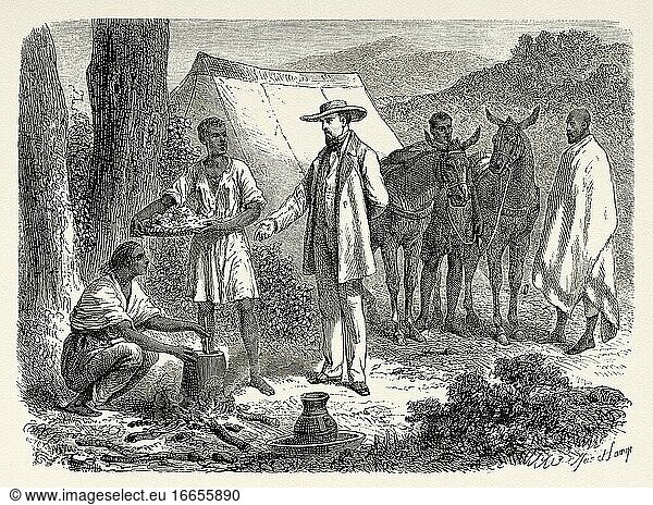 Lejean-Residenz  Äthiopien. Alter Stich aus dem XIX. Jahrhundert aus Reise in Abessinien Le Tour du Monde 1864.