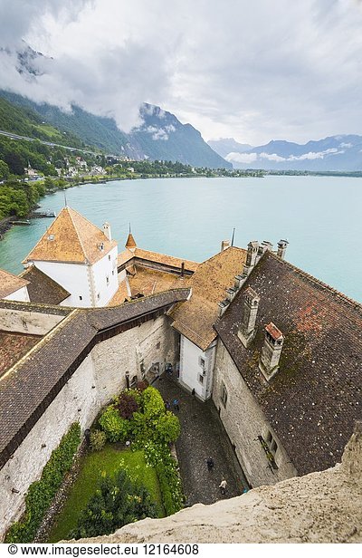 Leman lake viewed from the tower of Chillon castle  Canton of Vaud  Switzerland  Swiss alps.