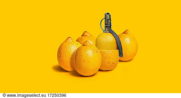Lemons and grenade against yellow background