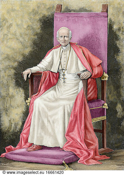 Leo XIII. (1810-1903). Italienischer Papst (1878-1903)  genannt Vincenzo Gioacchino Pecci. Kupferstich in The Spanish and American Illustration  1892. Koloriert.