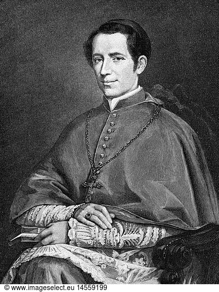 Leo XIII. (Vincenzo Gioacchino Graf Pecci)  2.3.1810 - 20.6.1903  Papst 20.2.1878 - 20.6.1903  als Nuntius in Belgien  1844  Xylografie  'Ãœber Land und Meer'  1903