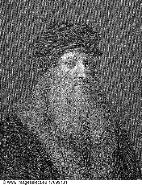 Leonardo di ser Piero da Vinci  15 April 1452  2 May 1519  known as Leonardo da Vinci  an Italian polymath of the Renaissance  Historical  digitally restored reproduction of a 19th century original