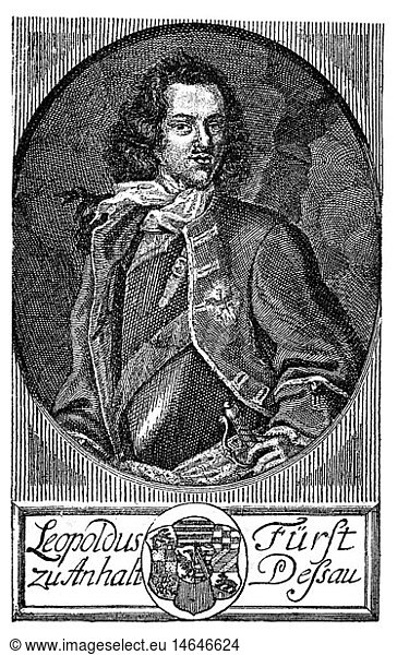 Leopold I  3.7.1676 - 9.4.1747  Prince of Anhalt-Dessau 17.8.1693 - 9.4.1747  Prussian general  half length  copper engraving  early 18th century