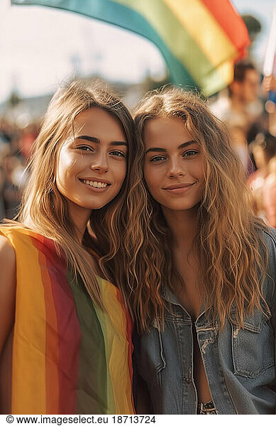 Lesbian couple holding progress pride flag. Generative AI