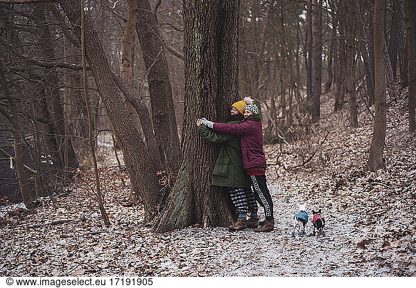 Lesbian couple hug a tree together with small dogs in winter germany