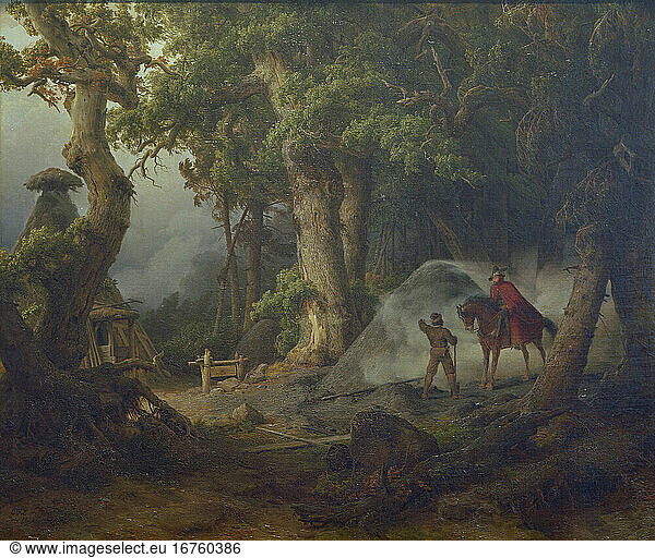 Lessing  Karl Friedrich 1808–1880. “Meiler im Eichenwald (Earth kiln in oak forest)  1838. Oil on canvas  77.5 × 93.5cm.
Inv. No. 410
Basel  Öffentliche Kunstsammlung.