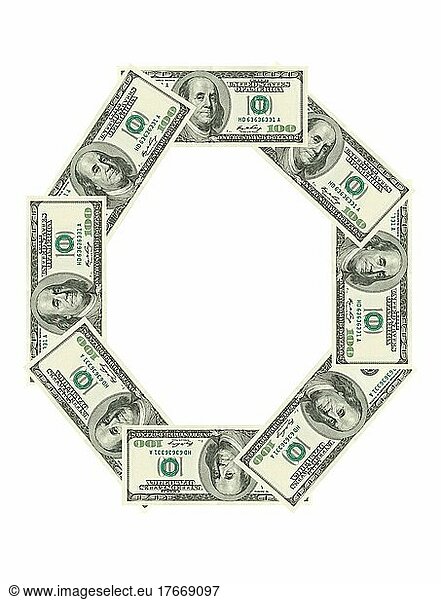 Letter O made of dollars before white background