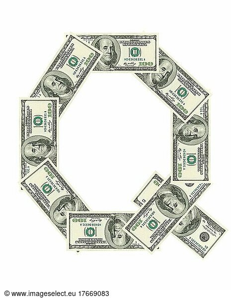 Letter Q made of dollars before white background