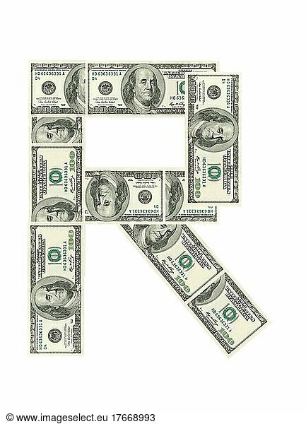 Letter R made of dollars before white background