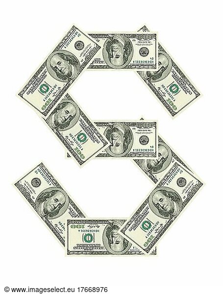 Letter S made of dollars before white background