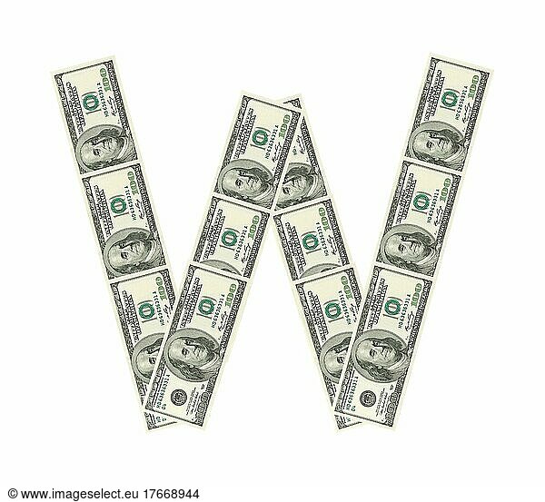 Letter W made of dollars before white background