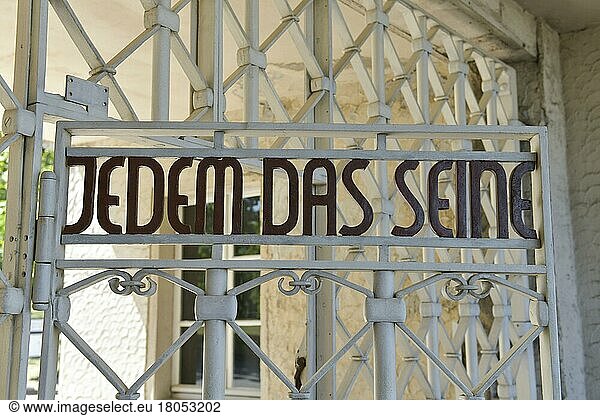 Lettering in the camp gate To each his own  beech forest Concentration Camp Memorial  Thuringia  Germany  Europe