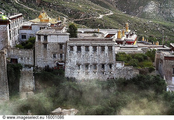 Lhasa Drepung Monastery Shoton festival or Shodon Festival with the unrolling of the huge thangka  a silk painting depicting Buddha Lhasa Tibet. Yogurt festival.