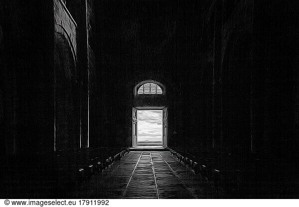 Lichteinfall  Tür zur Terrasse mit Ausblick  Mont Saint Michel  Abenddämmerung  Stille  Illustration  monochrom  Normandie  Frankreich  Europa