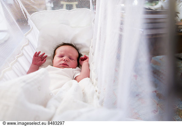 liegend liegen liegt liegendes liegender liegende daliegen Neugeborenes neugeboren Neugeborene Europäer Junge - Person Baby Gitterbett