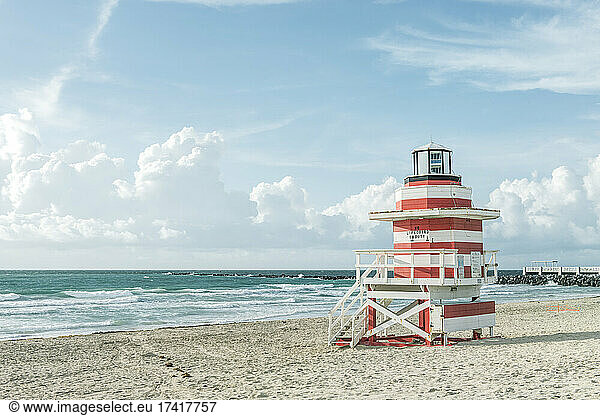 Lifeguard hut on sandy beach.