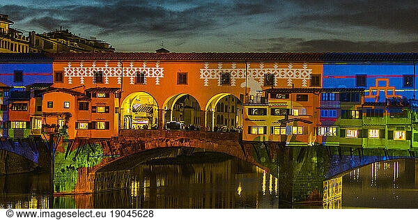 Light show projected on Ponte Vecchio  Florence  Tuscany  Italy
