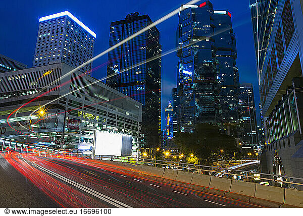 light trails of traffic at the financial district in Hong Kong