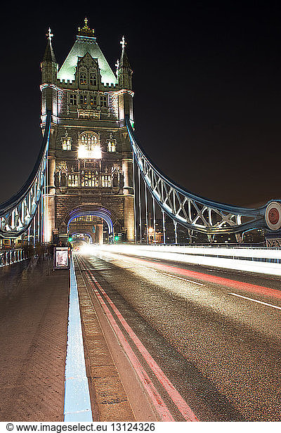 Light trails on Tower Bridge at night