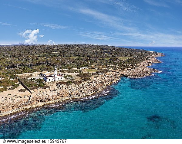 Lighthouse at Cap de ses Salines  southernmost point of Majorca  Migjorn region  Mediterranean Sea  aerial view  Majorca  Balearic Islands  Spain  Europe