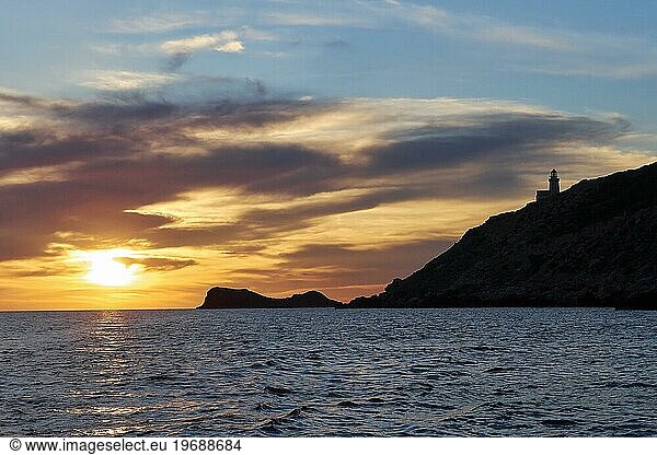 Lighthouse  Faro di Punta Libeccio  sunset  dusk  blue evening sky  grey clouds  Marettimo  Egadi Islands  Sicily  Italy  Europe
