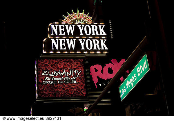Lighting and billboard of the New York New York Hotel in Las Vegas  Nevada  USA