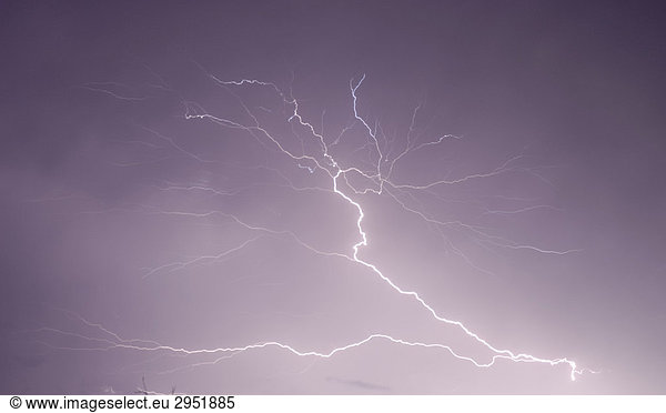 Lightning bolt in the night sky  Nicklheim  Bavaria  Germany  Europe
