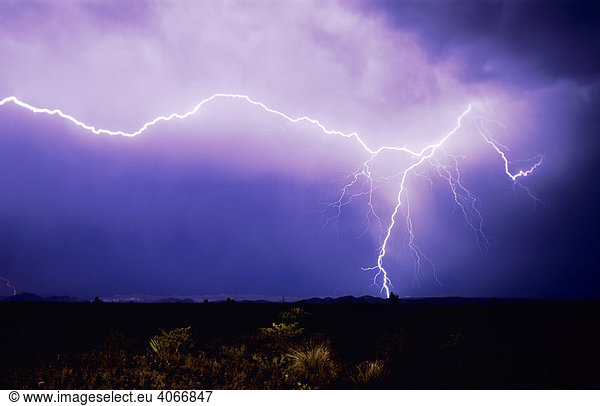 Lightning strike over desert  Big Bend National Park  West Texas  USA