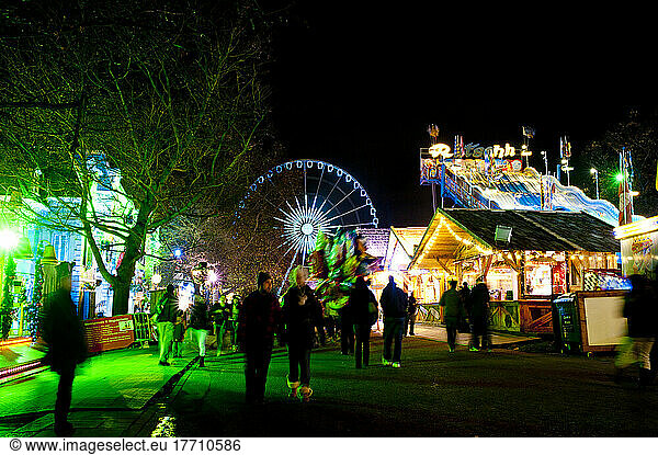 Lights From The Fun Fair At Winter Wonderland In Hyde Park  London  Uk