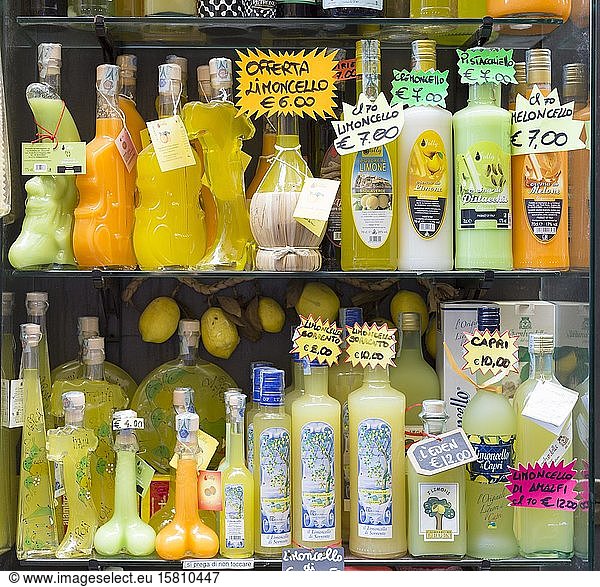 Limoncello liquor in souvenir bottles on display  Naples  Italy  Europe
