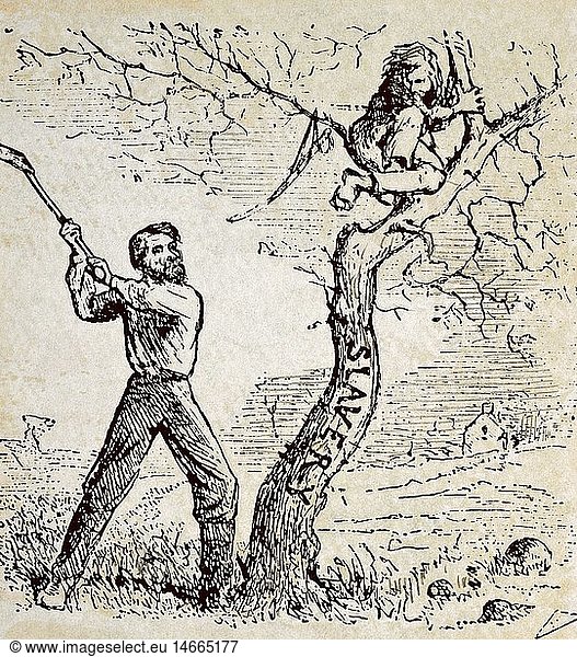 Lincoln  Abraham  12.2.1809 - 15.4.1865  American politician  (Rep.)  16th president of USA since 4.3.1861  'Last warning to the South'  caricature  Harper `s Weekly  10.10.1862  private collection  felling tree of slavery