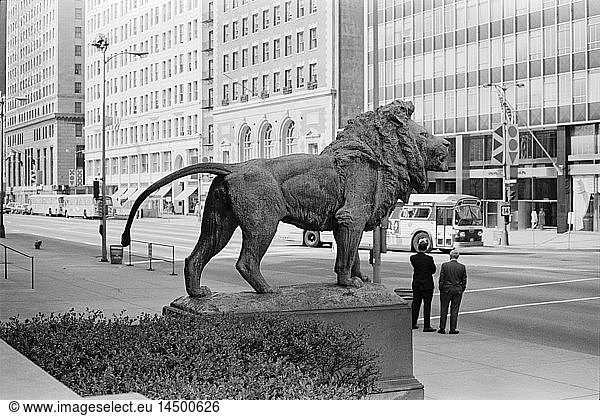Lion Statue and Street Scene  Chicago  Illinois  USA