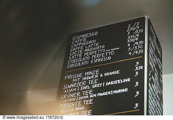 List of menu displayed on board in cafe