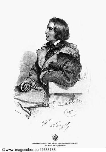 Liszt  Franz  22.10.1811 - 31.7.1886  ungar. Komponist und Pianist  Halbfigur  Lithographie von Joseph Kriehuber  Wien  1838