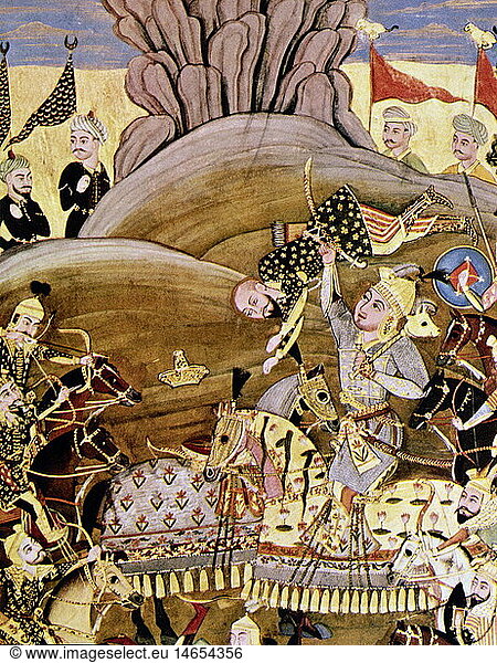 literature  Alexander romance  Alexander tearing a king from the horse  Persian miniature  School of Herat  16th century  Paris National Library  Alexander the Great  Iskander  legend  fine arts  islamic art  Persia  painting  Iran  Afghanistan  battle  combat  war  Asia  historic  historical  people