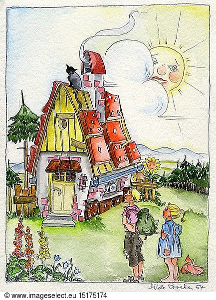 literature  fairy tales  Brothers Grimm  'Hansel and Gretel'  watercolour by Hilde Kroeber  1954