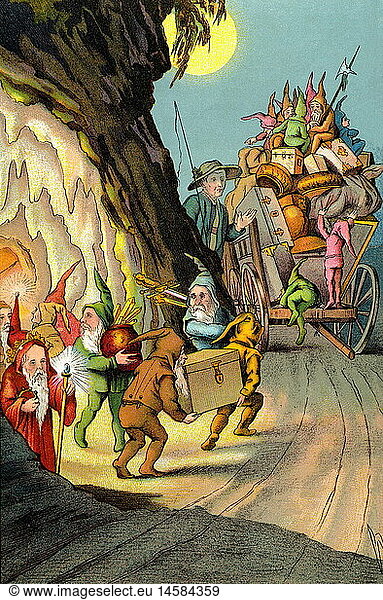 literature  fairytale  dwarfs in the legend  Silesian legend of the Herrlaberg near Langenbielau  dwarfs leaving the mount with her treasures  farmer is helping  according to the legend the entrance was open only every hundred years in the Midsummer Night  dwarf migrating of a day together with her treasure out of the mount and went to the Zobtenberg  Germany  1888
