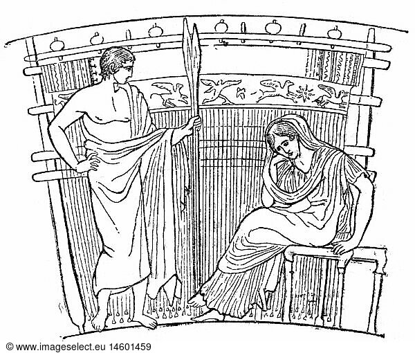 literature  Greek mythology  Odyssey of Homer  Telemachus and Penelope in front of a weaving loom  pottery  5th century BC  drawing  19th century  technics  handcraft  textile  women  Greece  ancient world  antiquity  historic  historical  ancient world  people