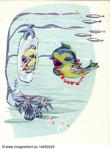 literature  illustrations  female fish looking at herself in the mirror  draft for an unpublished storybook  unknown artist  Germany  1950s