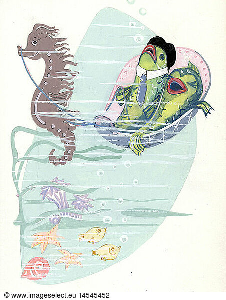 literature  illustrations  fish having ride in vehicle drawn by sea horse  draft for an unpublished storybook  unknown artist  Germany  1950s
