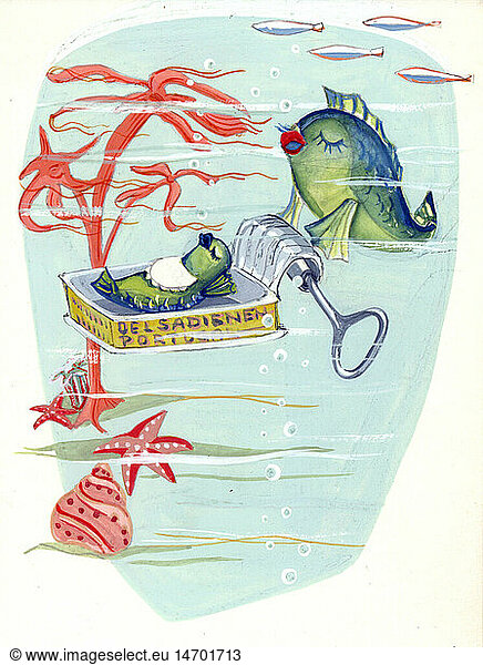 literature  illustrations  fish mother bedding her child in sardine tin  draft for an unpublished storybook  unknown artist  Germany  1950s