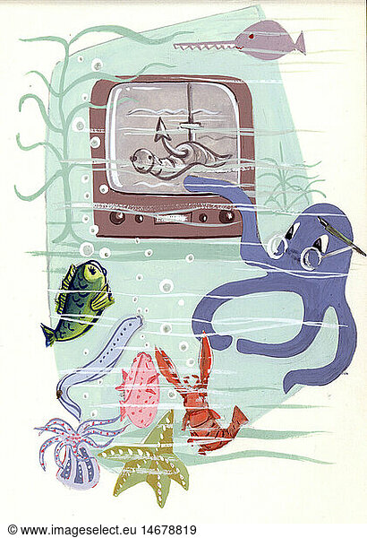 literature  illustrations  octopus explaining other sea creatures what a fishing bait is  draft for an unpublished storybook  unknown artist  Germany  1950s