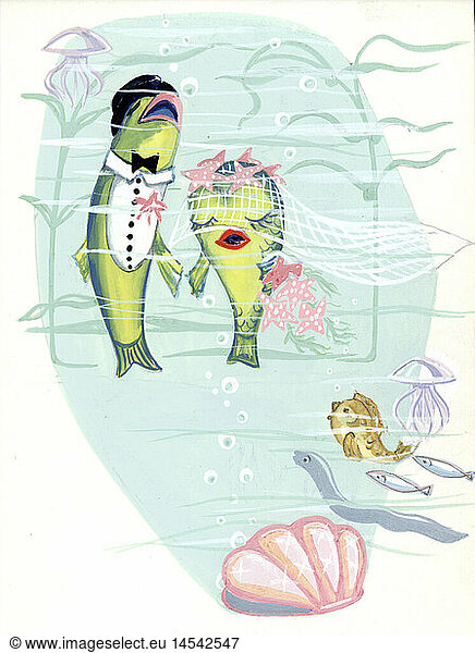 literature  illustrations  two fish marrying  draft for an unpublished storybook  unknown artist  Germany  1950s